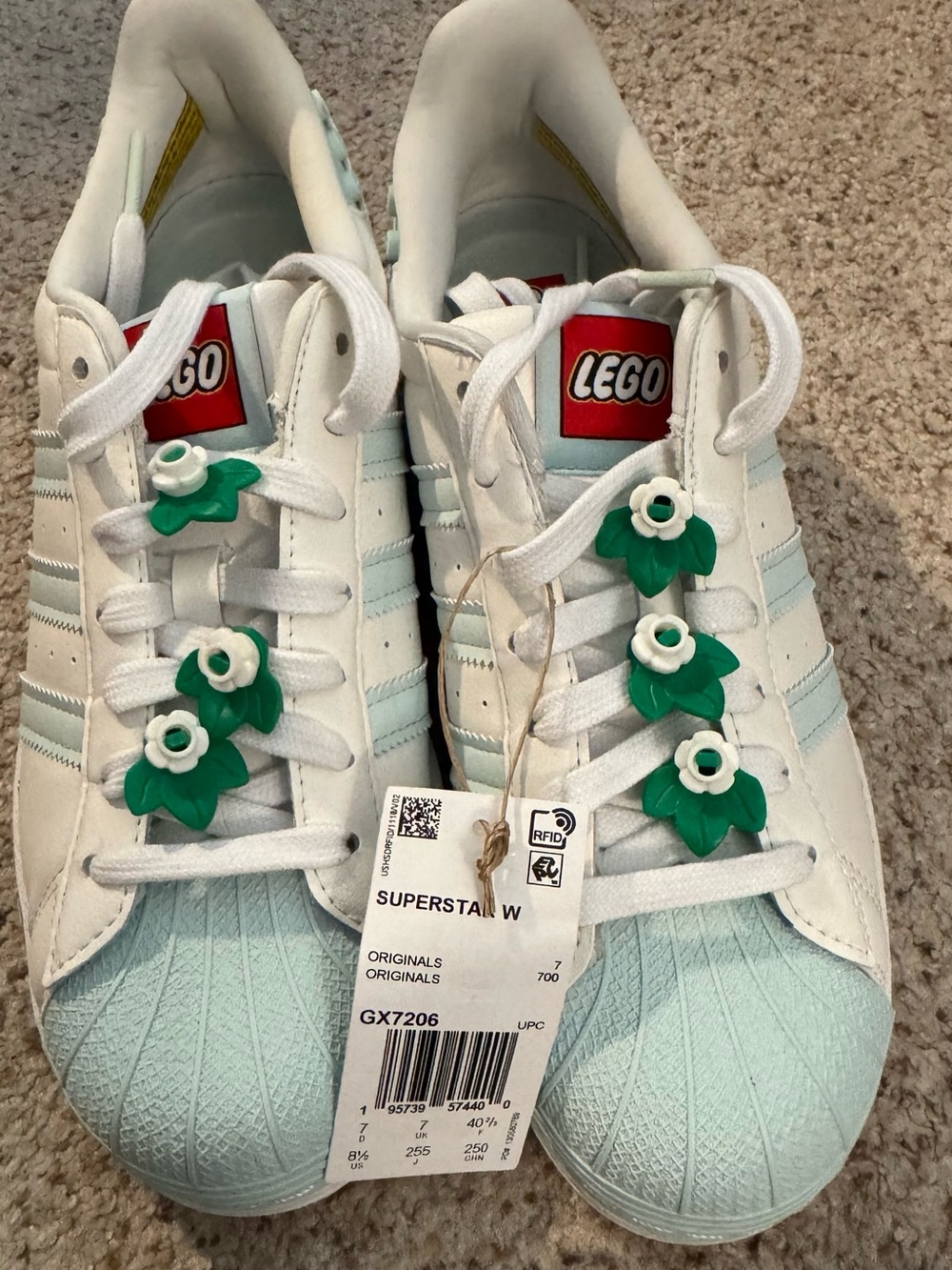 Adidas Women Lego White & Light Blue Superstar Sneakers with Green Flower Charms